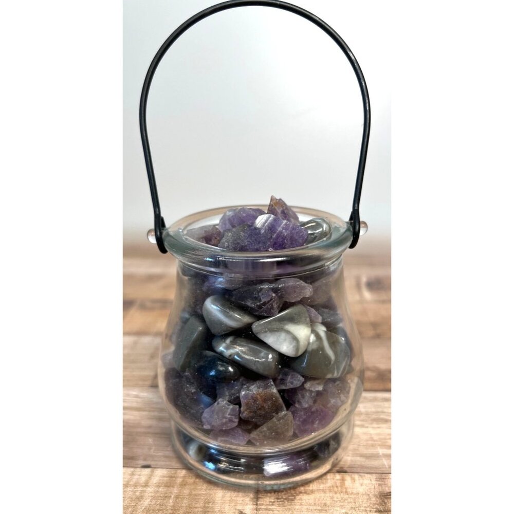 Decorative Glass Jar With Amethyst & Mixed Stones With Handle - Home Décor Accen